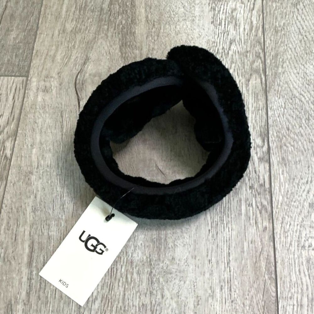UGG Kids Curly Wrap Around Earmuffs Black Shearling Leather NWT One Size